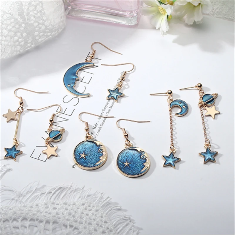 

Ailodo Blue Universe Planet Star Moon Earrings For Women Fashion Korean Long Drop Earrings Party Femme Bijoux Girls Gift LD062