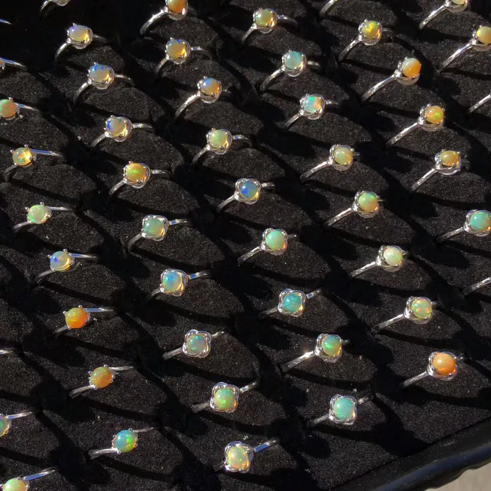 Real Natural Opal Jewelry Round 5mm Multicolor Natural Opal Ring 925