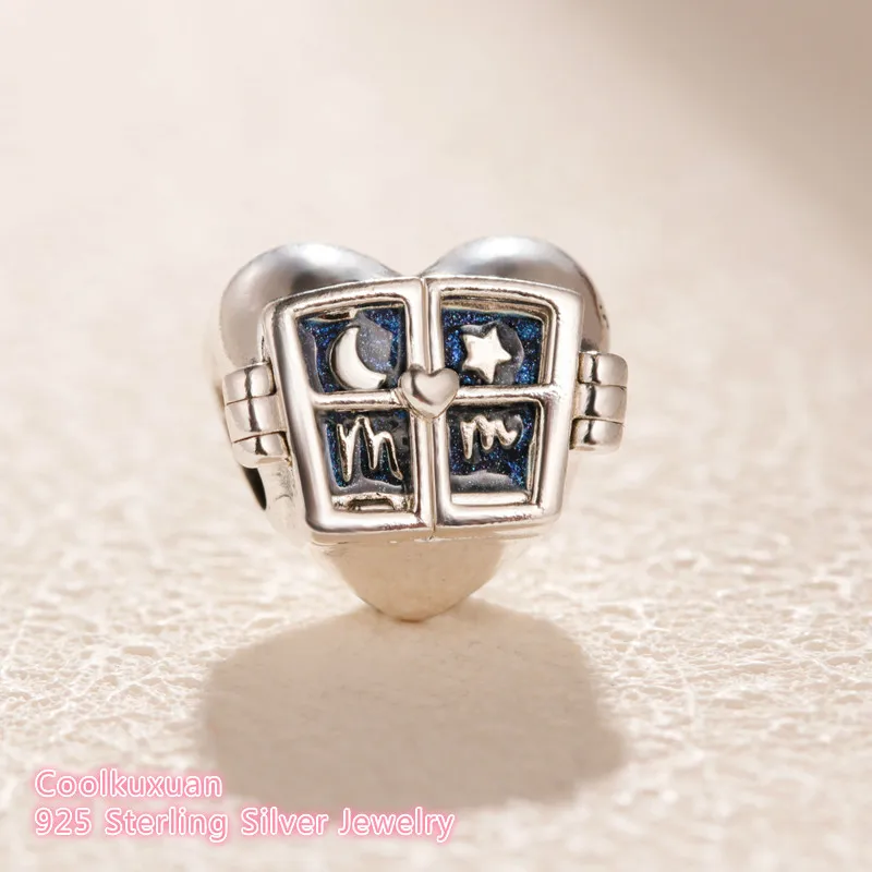 

2019 Mother's Day 100% 925 Sterling Silver Window Heart Charm Blue Enamel beads Fits Original Brand bracelets Jewelry Making