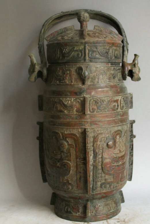 

Elegant old S2202 21" Old Chinese Bronze Folk word vessel Beast Head portable kettle Pot Jar Crock (A0321)
