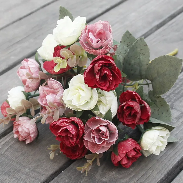 Искусственные цветы, 21 головка, дешевый Шелковый цветок, Европейский осенний небольшой чайный бутон, искусственные листья, свадебные, домашние, вечерние, вазы для украшения - Цвет: Red