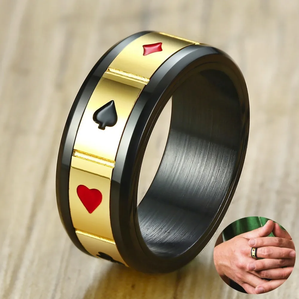 رجل أسود بوكر القمار الدوار حلقة في الفولاذ المقاوم للصدأ اثنين من لهجة الزفاف الفرقة محظوظ Pokerstars الذكور المجوهرات رجل أسود بوكر القمار الدوار حلقة في الفولاذ المقاوم للصدأ اثنين من لهجة الزفاف الفرقة محظوظ Pokerstars الذكور المجوهرات