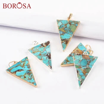 

BOROSA Jewelry 5PCS Gold Color Triangle Shape Copper Turquoises Natural Blue Stone Druzy Pendant For Necklace G1683