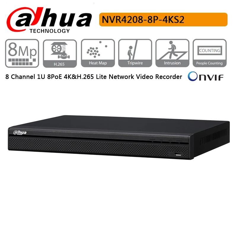 Оригинальный Dahua NVR4208 8P 4KS2 8 канальный 1U 8PoE 4K & H.265 Lite сетевой видеорегистратор с