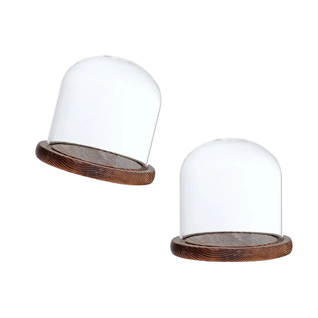 2Pcs 12x12cm Clear Glass Dome with Wooden Base for Home Wedding Party Centerpiece Display Stand DIY Decor Brown