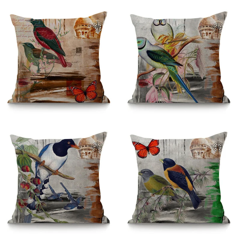cheap Vintage Cushion Retro Decorative Pillow Bird Flower Print Linen Cushion For Sofa Car Home Decor Throw Pillows 45x45cm