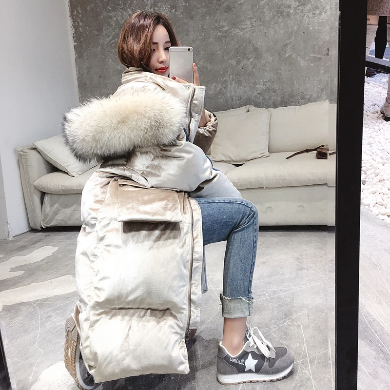 Winter Long Big Fur Collar Down Jacket Women Hooded Parka