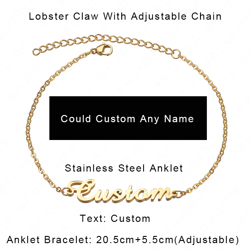 Auxauxme пользовательское имя ножной браслет Титан Сталь пляж золотые украшения/Сталь/розовое золото персональный подарок для БФФ Tornozeleira