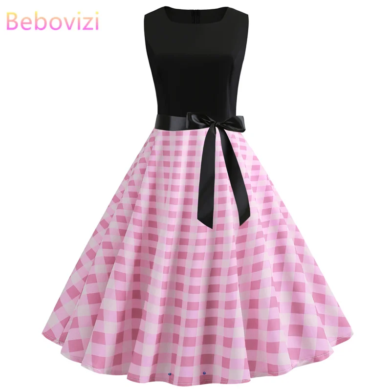 

Bebovizi 2019 Summer New Women Plus Size Black Patchwork Pink Dresses Plaid Print Casual Office Elegant Vintage Bandage Dress