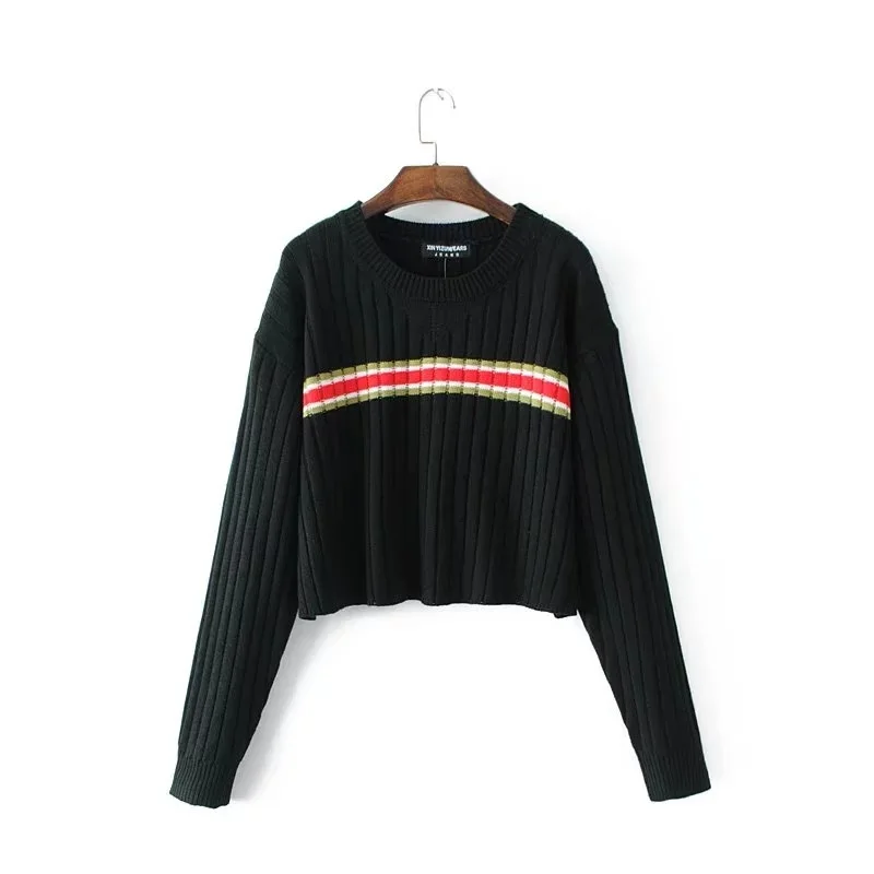 Женский осенне-зимний шикарный винтажный свитер, кроп-топы в полоску, свободные вязаные свитера больших размеров, Женский пуловер, топы