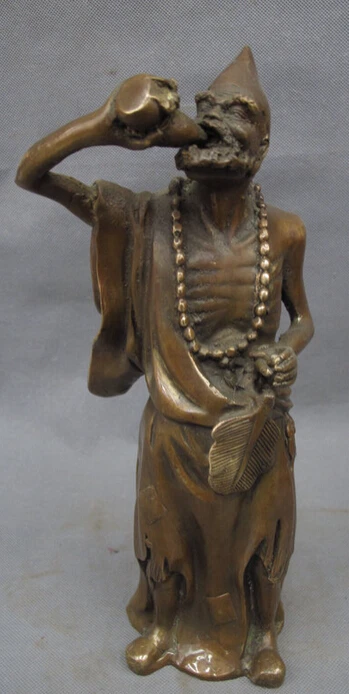 

song voge gem S4437 13" Chinese Bronze Copper Arhat Monk Ji Gong Chai Gong Buddha Drinking Statue