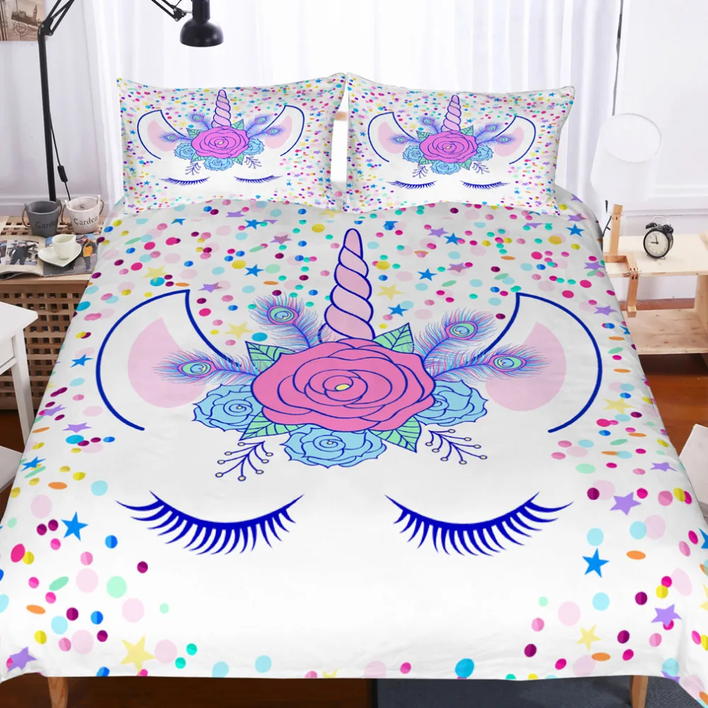 

Unicorn Duvet Cover Set 3D Floral Feather Eyelashes Unicorn Head Pink/Blue/Purple/Yellow Dots Background White 3PCS Bedding Set