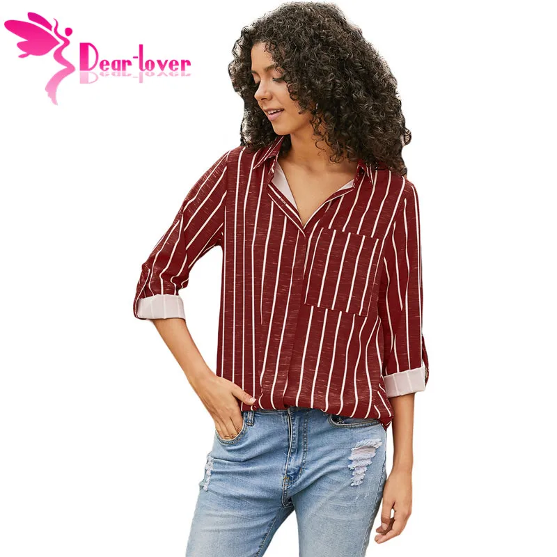 

Dear Lover Blouses Women Fashion Sky Blue Striped Roll Tab Long Sleeve Button Shirt Turn-down Collar Tops Female Blusas LC251344