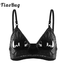 TiaoBug, женское черное сексуальное нижнее белье с регулируемыми бретельками, укороченный топ, бюстгальтер из искусственной кожи с сосками, эротический топ на бретелях