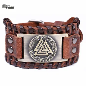 

My Shape Slavic Norway Valknut Amulet Leather Bracelets Bangles Metal Engraved Scandinavian Viking Nordic Runes Bracelet Men