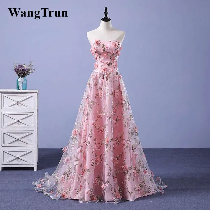

Cheap Long Evening Dress Luxury Bride Pink Sweep Train Banquet Lace Appliqued Flowers Party Prom Dresses Robe De Soiree Custom
