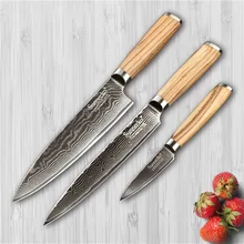 Sunnecko 3 шт. Кухня Ножи комплект японский VG10 Дамаск Сталь " шеф-повар 8" срез 3." для очистки овощей Ножи зебра деревянной ручкой Пособия по кулинарии Инструменты