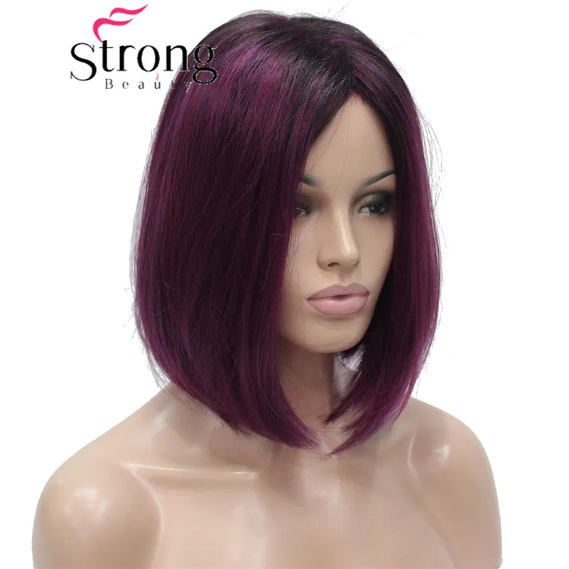 StrongBeauty Angled Bob Wig Ombre Deep Purple Dark Root Midnight Berry  Synthetic Fiber Short Wigs