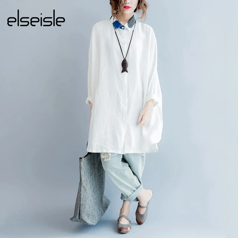 Elseisle блузка и рубашка Женская 3XL 4XL 5XL 6XL оверсайз длинная белая льняная женская