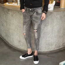 2019 spring new hole jeans male Korean version of the tide casual wild stretch Slim feet nine points jeans men cuffed nine minutes of taper fit jeans
