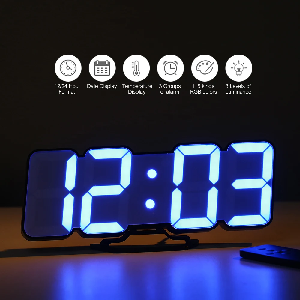 

3D Wireless Remote Digital Wall Clock USB Clock Display LED Alarm Clock With Temperature/Date Sound Control Desktop Clock