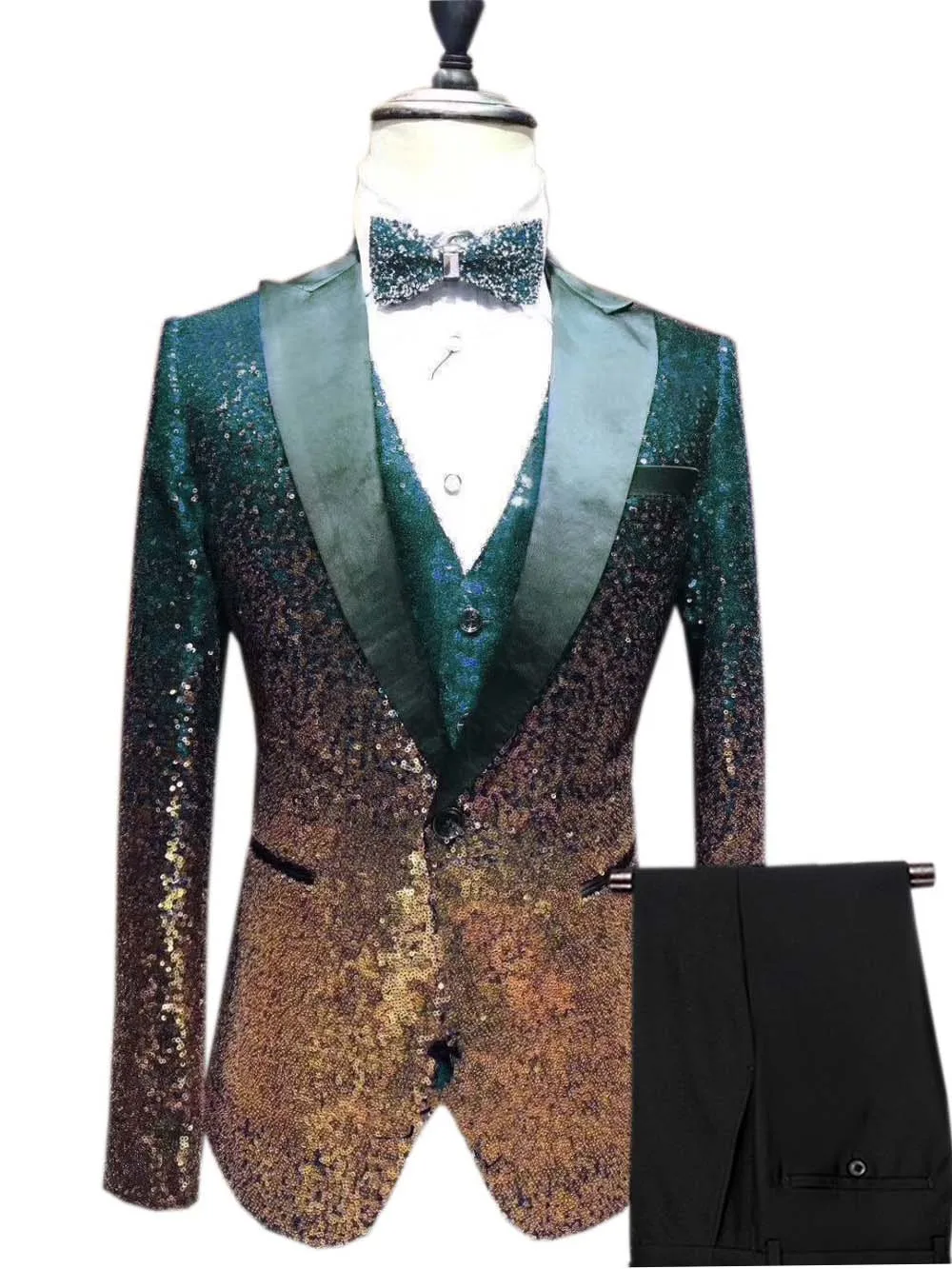 Мужской костюм с пайетками, 3 предмета, блестящий, приталенный смокинг, пиковый лацкан с тупым углом, вечерние, свадебные, для жениха, для банкета, ночного клуба(Блейзер+ жилет+ брюки - Цвет: Teal-Gold