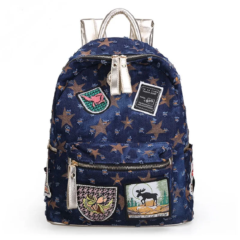 Blue Vintage Casual Preppy Style Appliques Broken Denim Backpack School Bags Jeans Women Daypacks CrossBody bag