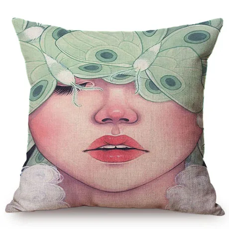 Nordic Beautiful Girl Cute Self-Portrait Sofa Decorative Cushion Cover Flower Butterfly Room Small Fresh Decor Throw Pillow Case K89-2
