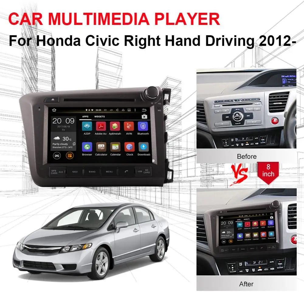 Sale 4GB RAM Android 7.1/8.0 Octa Core Car GPS Navigation For Honda Civic Right Hand Driving 2012 2013 DVD Multimedia Player WIFI 3G 4