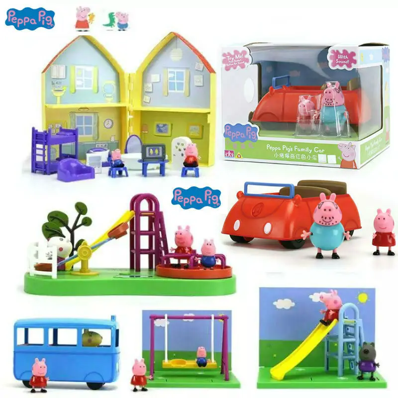 Comprare Genuino Peppa famiglia di Maiale di Peppa casa rosso auto bus della scuola Parco Giochi altalena scivolo Geroeg figure Scherza il REGALO Del Giocattolo originale box