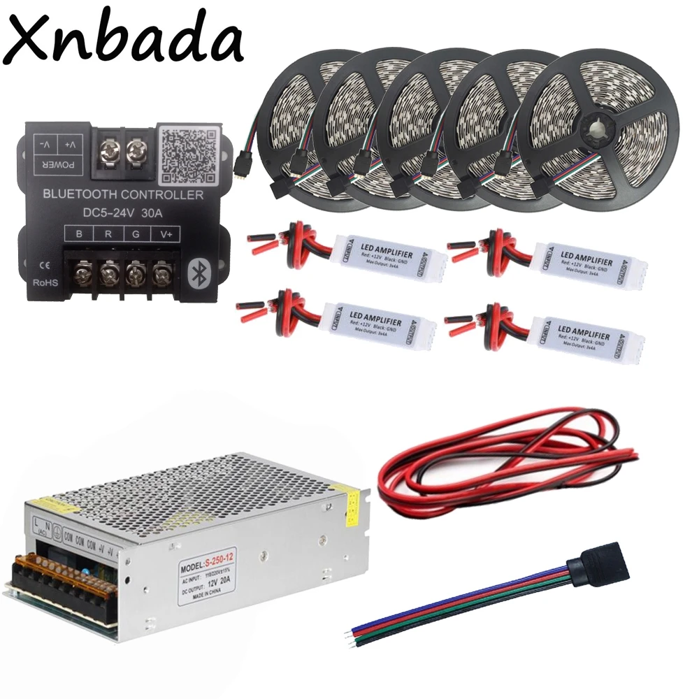 

DC12V SMD5050 RGB Led Strip 60Led/m Led Light Flexible Tape+Bluetooth Led Controller+12V 20A Led Power Adapter Kit 25M