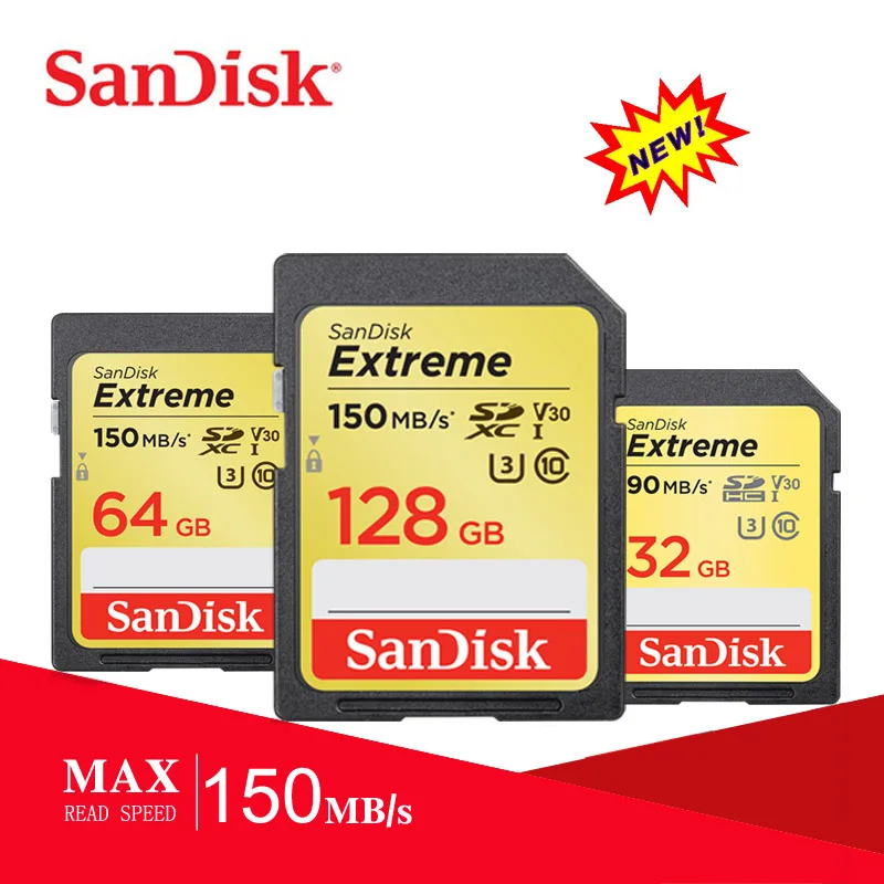 

SanDisk Extreme Memory SD Card 64GB 128GB 32GB SDXC UHS-I Memory Card U3 Class10 V30 UHS-I 4K HD Video 150MB/s For Camera/SLR