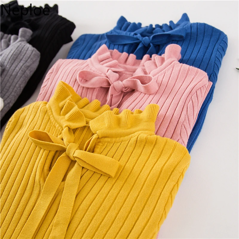

Neploe Knitted Solid Sweaters Women Autumn 2019 New Turtleneck Petal Sleeve Pullovers Thin Bow Slim Fit Ladies Tops 45093