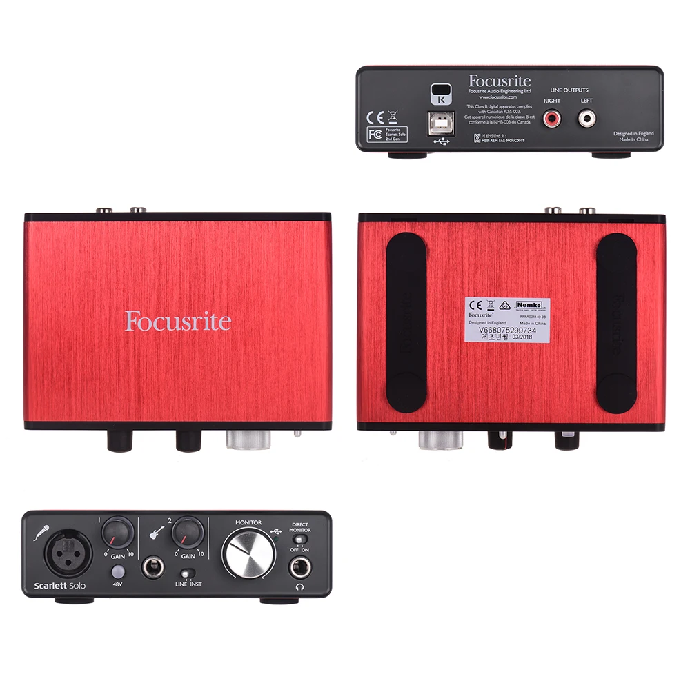 Focusrite Scarlett Solo 2-го поколения USB аудио интерфейс звуковая карта 24 бит/192 кГц с XLR и 6,35 мм входы RCA и 6,35 мм выходы