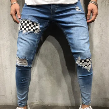 

Men Ripped Skinny Biker Hole Jeans Destroyed Frayed Slim Fit Denim Long Pants Stretch Pants TC21