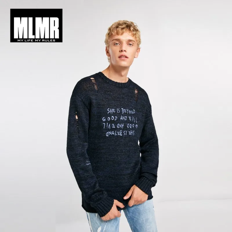 

JackJones MLMR Men's Woven Pattern Ripped Contrasting Letter Print Round Neckline Knitted Homme Cotton Pullover MenM|218324551