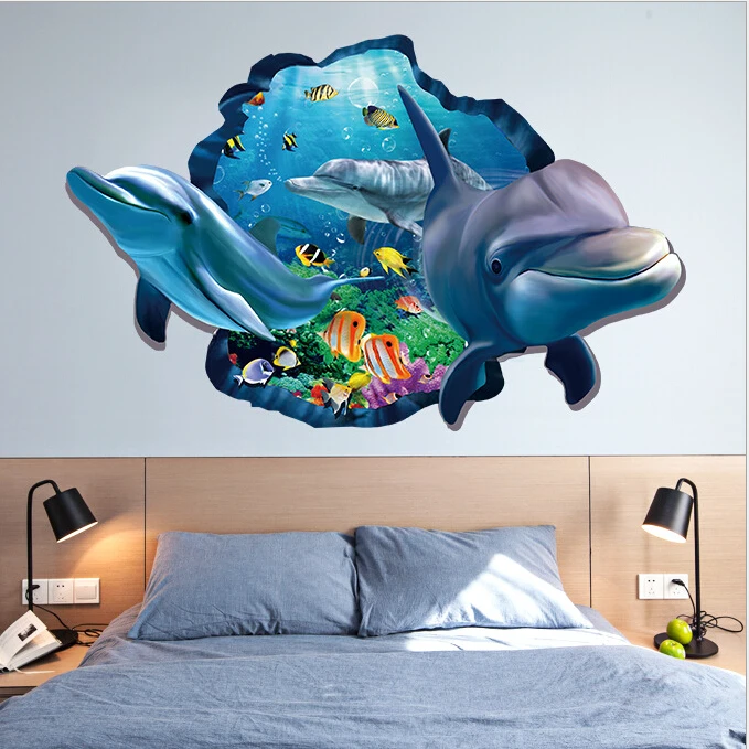 3 D наклейки на стену синий Дельфин Съемный DIY арт Фреска ПВХ 3D наклейки на стене дельфина для украшения детской комнаты