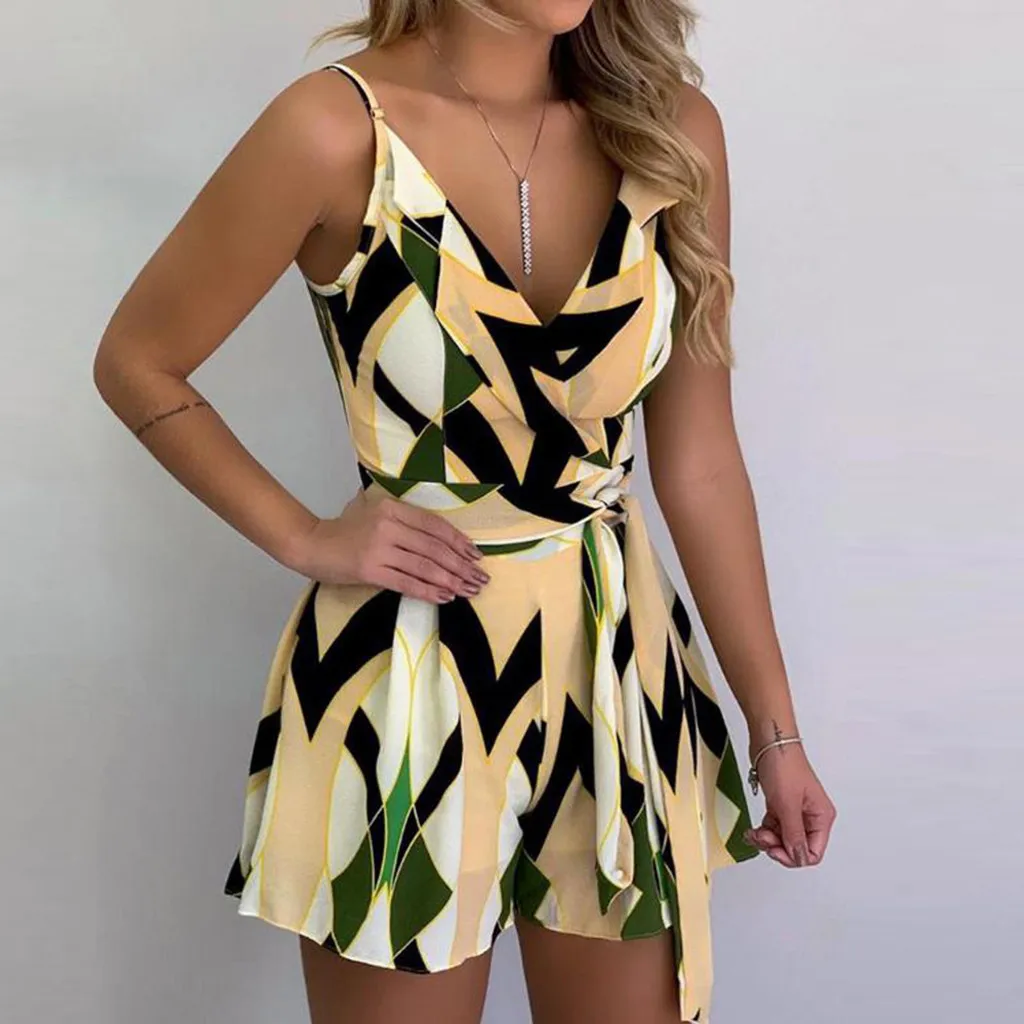 

summer Sexy Deep V-Neck jumpsuit short Sexy Women Sleeveless Print Jumpsuit Casual Clubwear Wide Leg Playsuit combinaison femme