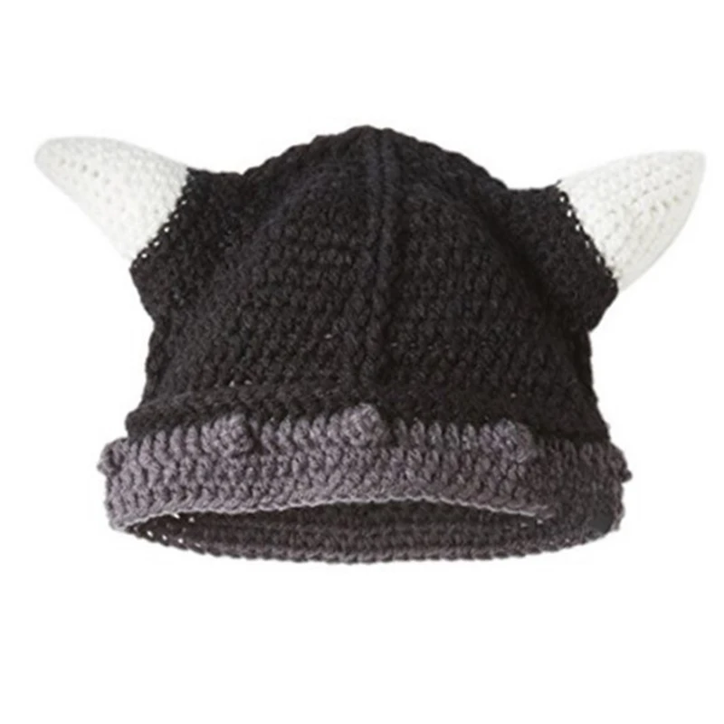  Bearded Horns Hand-knitted Hat Men Funny Gag Halloween Cap Winter Warm Handmade Barbarian Viking Beanie Beard Horn Caps CP0170  (7)