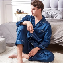Пижамы из искусственного шелка мужские Осенние новые шелковистые шелковые пижамы с длинным рукавом одноцветные пижамы X9002