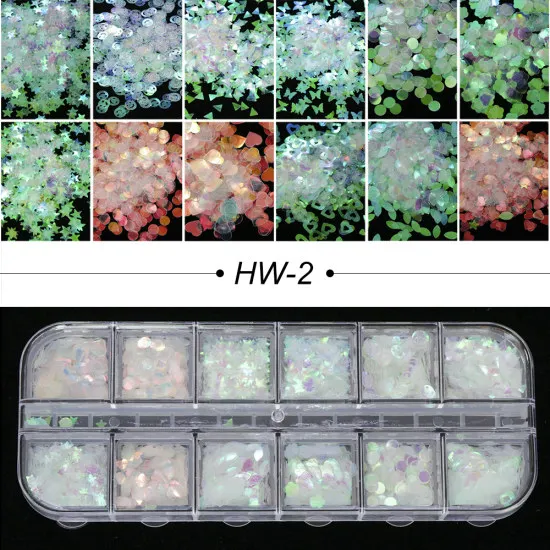 12 сеток смешанного размера голографический блестящий для ногтей блестки/хлопья/пудра 3D Подвески Лето слайдер дизайн ногтей украшения набор пыли TR097 - Цвет: HW-2