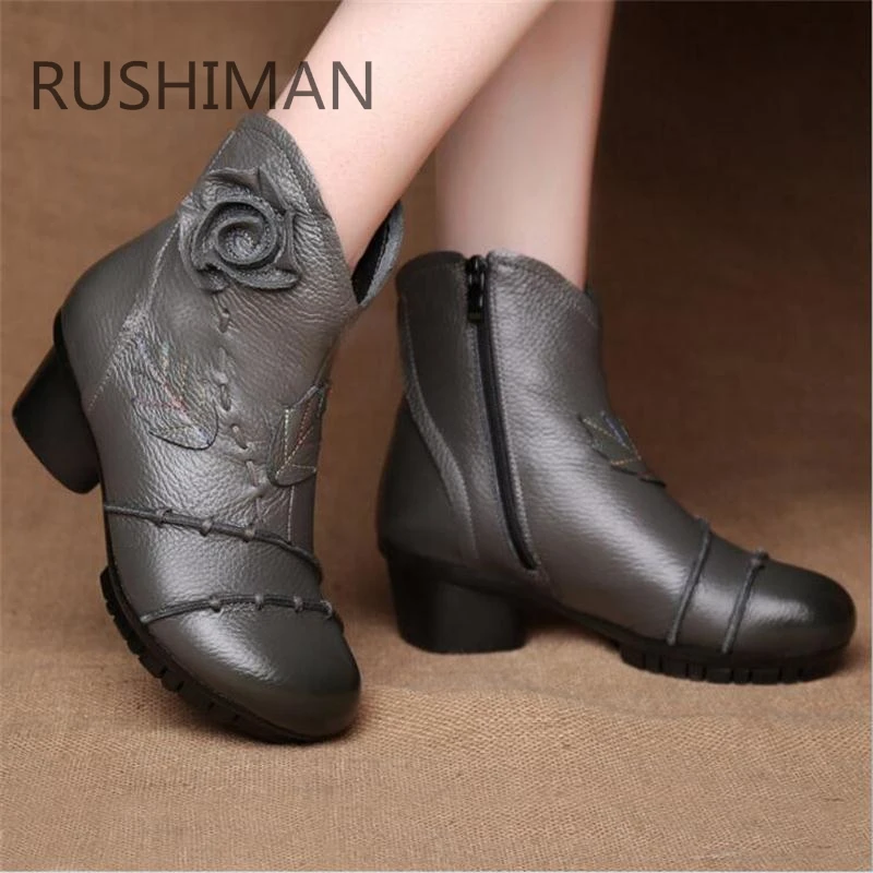 

RUSHIMAN National ankle boots genuine leather female boots heel Martin boots hand - made shoes plus plush warm cotton boots