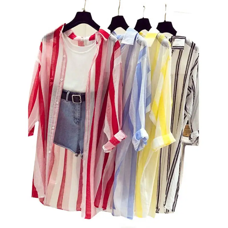 

Plus size Ladies Sun Protection Clothing 2019 New Summer Shawl V collar stripe Sun Protection Shirt Womens Tops blouses Thin 587