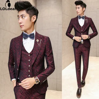 

Loldeal Men Suit With Pants Burgundy Floral Jacquard Wedding Suits for Men 3 PCS / Set (Jacket+Vest+Pants) Slim Fit Dress Prom