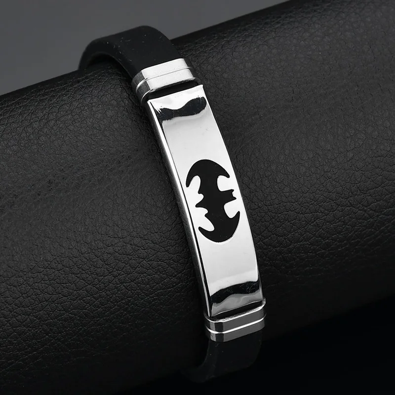 Classic Batman Bracelet Stainless Steel Jewelry Black Rubber Motor