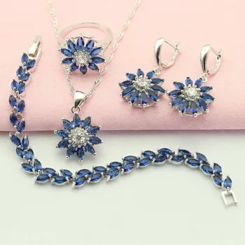 

WPAITKYS Classic Flower Dark Blue Stone Silver Color Jewelry Sets For Women Drop Earrings Bracelet Necklace Ring Free Gift Box