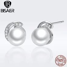 BISAER, серьги с жемчугом, ювелирное изделие, 925 пробы, серебро, белый шар, жемчуг, пуш-ап, серьги-гвоздики для женщин, модное ювелирное изделие ECE021