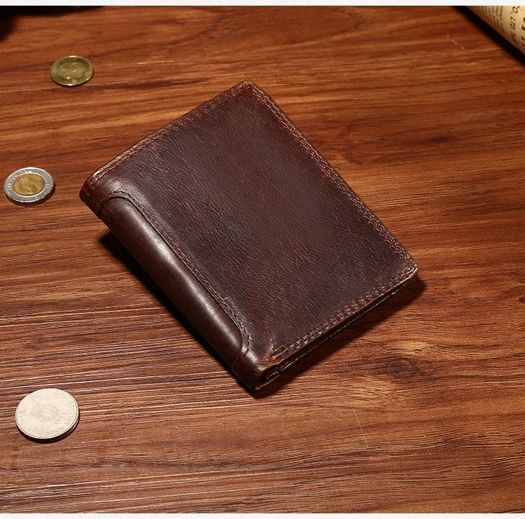 MJ Genuine Leather Men's Short Wallet Retro Bi-Fold Leather Wallet Card Holder Male Purse Coin Pocket ID Window Photo Position (15)