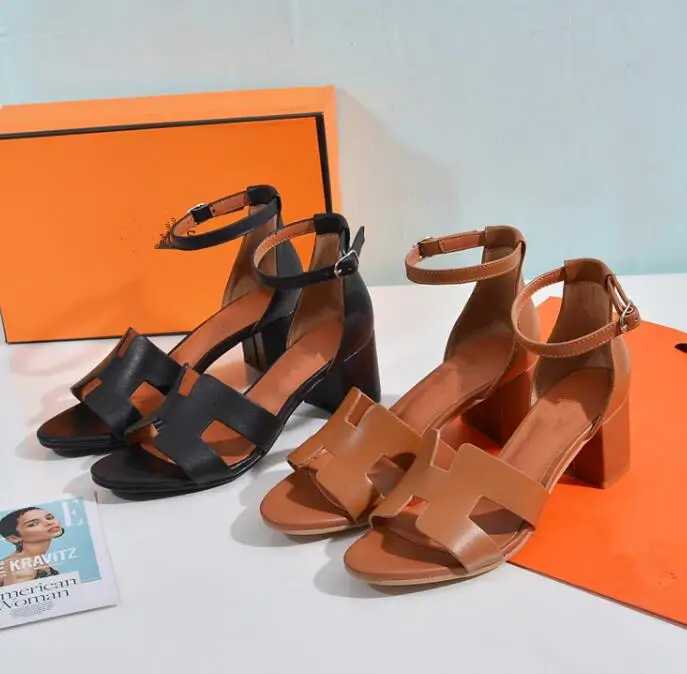 

Summer new medium-heeled sandals women thick-heeled women's shoes simple one-word buckle leather open-toed beach shoes H box