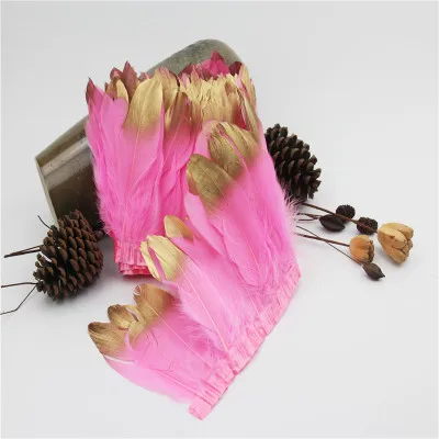 

Asia Ra 4meters/lot pink color goose feather trims 15-20cm/6-8inch Gold tipped duck feather fringes strips for cloth accessory